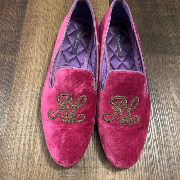 Ralph Lauren Purple Label Alonzo Embroidered Velvet Loafers- Summer Berry- 8 - Picture 3 of 10